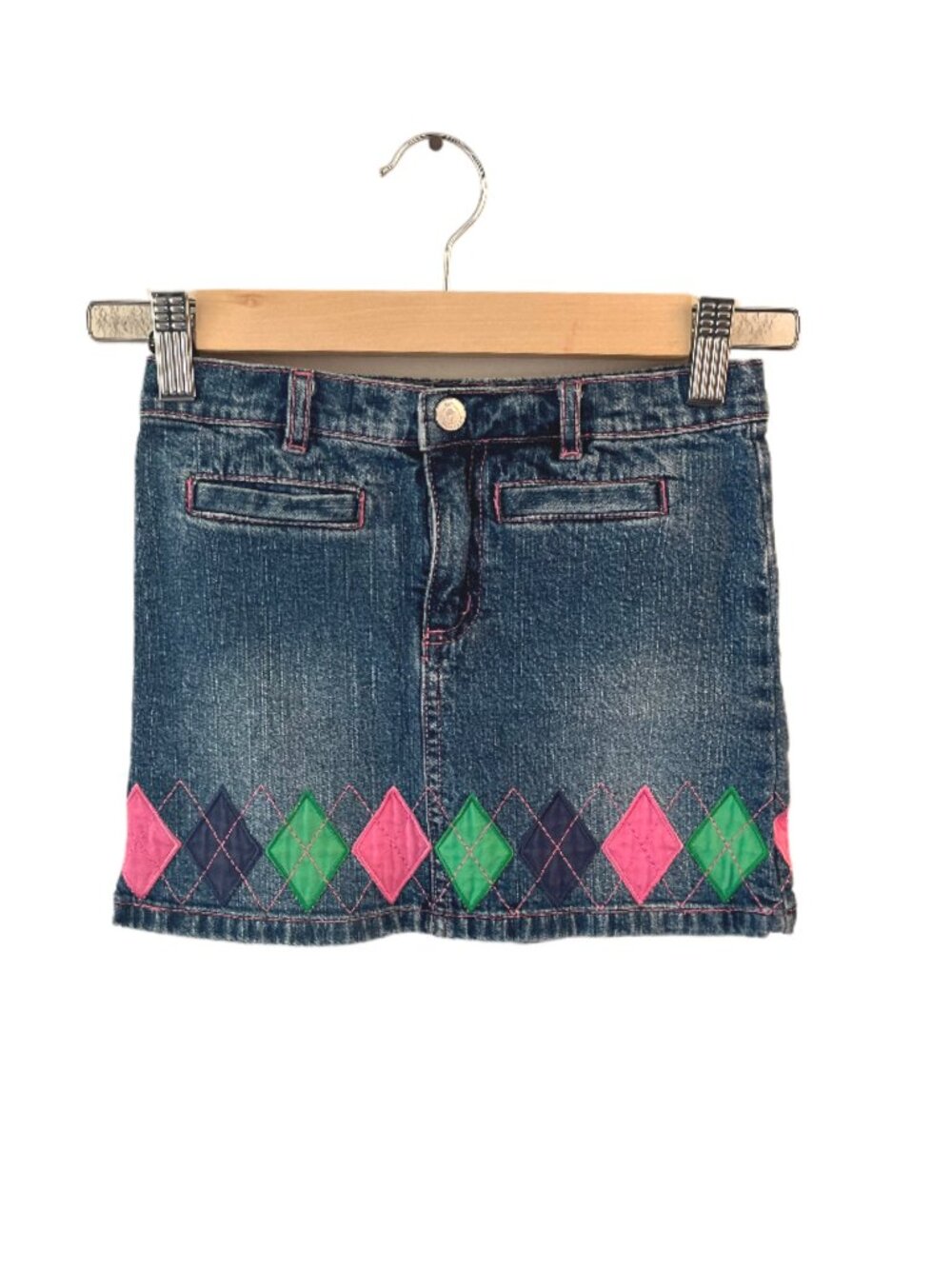 Lilly Pulitzer girl's denim skirt multi colored diamond patches/Pockets Size 6